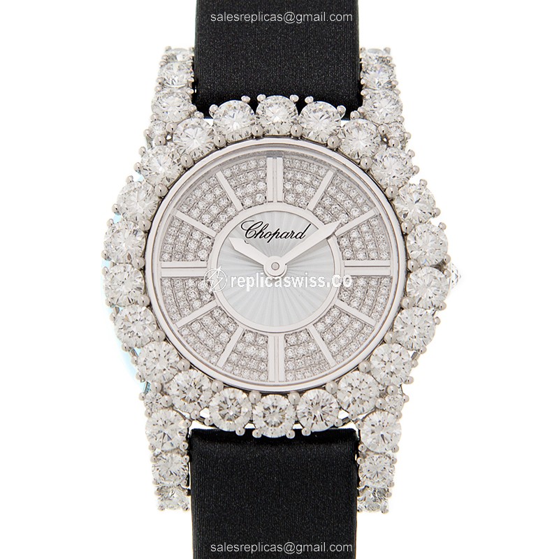 Chopard 139377-1001 Replica - Automatic - 18kt White Gold - Diamond - Silver Dial - Silk Strap - Black Buckle